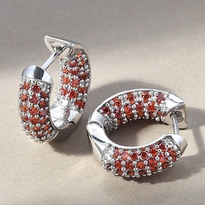 Simulated Garnet Hoop Earrings: Platinum Plated Brass, January Birthstone