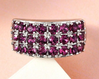 Amethyst Color Crystal Three Row Band Ring in Platinum with Magnet (Size 9.0), Crystal Ring, Amethyst Purple Color