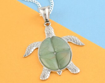 Green Aventurine Turtle Pendant Necklace: Silver Plated Brass (18&quot;)