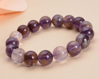Cacoxenite Amethyst Beaded Bracelet: Rare Gemstone Stretch Bracelet (6.5&quot;)