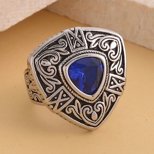 Blue CZ Shield Ring: Black Oxidized Stainless Steel Filigree (Size 9)