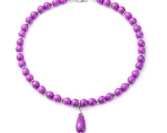 Purple Howlite Beaded Necklace with Drop Pendant (18-20&quot;)