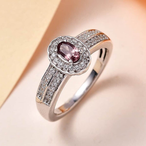 Color Change Garnet and White Zircon Halo Ring in Platinum (Size 9.0) 0.75 ctw, Natural Bekily Color Change Garnet Ring