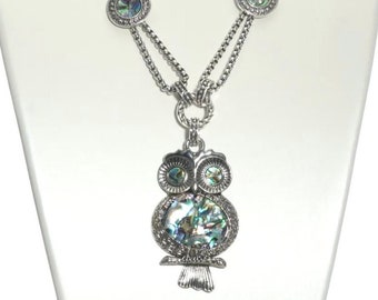 Abalone Shell Owl Pendant Necklace: Silver & Crystal Accent (22-24&quot;)