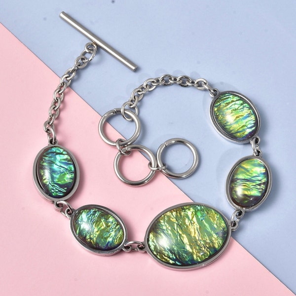 Green Opal Toggle Clasp Chain Bracelet (7-8"), Green Opal Station Bracelet, Adjustable Silver Bracelet