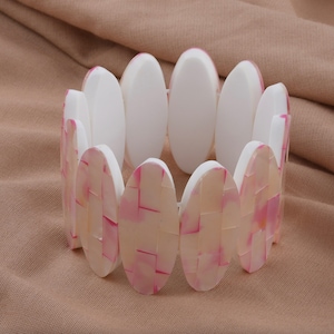 Pink Mother of Pearl Stretch Bracelet: Glossy Resin Inlay (7.5&quot;)