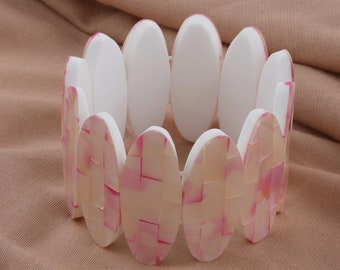 Pink Mother of Pearl Stretch Bracelet: Glossy Resin Inlay (7.5&quot;)