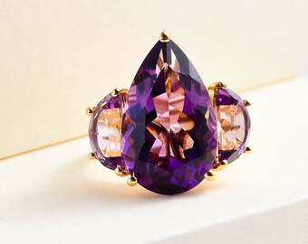 Amethyst Trilogy Ring in Vermeil Yellow Gold (Size 9), Natural Amethyst 3 Stone Ring, February Birthstone Ring