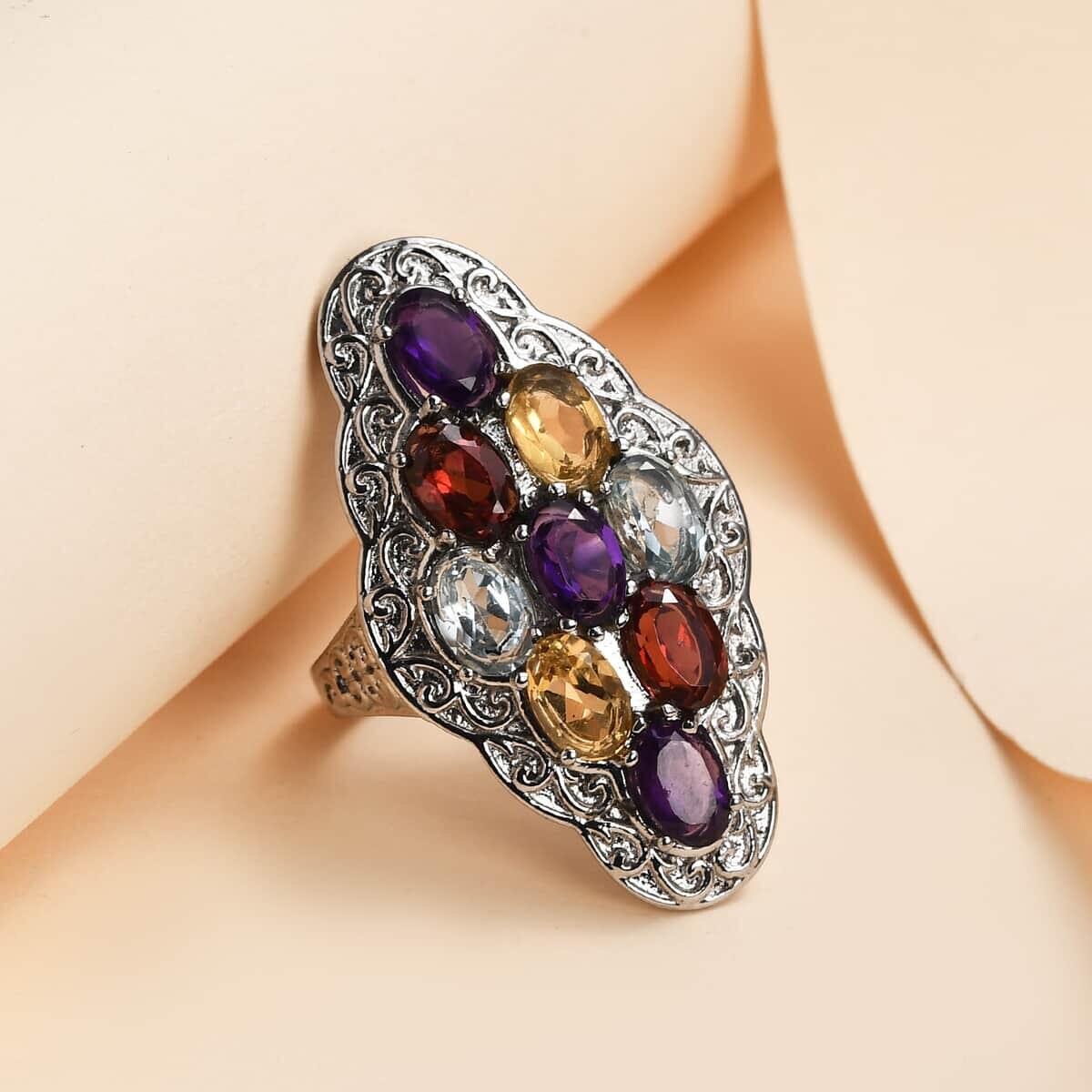Multi Gemstone Cluster Silver Ring 4.70ctw (size 5.0 US), Natural Multi Gemstone Cluster Ring
