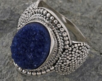 Blue Drusy Quartz Ring in 925 Sterling Silver (Size 9.0) 9.00 ctw, Natural Drusy Quartz Rough Cut Ring, Crystal Druzy Quartz Ring