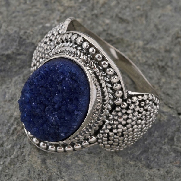 Blue Drusy Quartz Ring in 925 Sterling Silver (Size 9.0) 9.00 ctw, Natural Drusy Quartz Rough Cut Ring, Crystal Druzy Quartz Ring