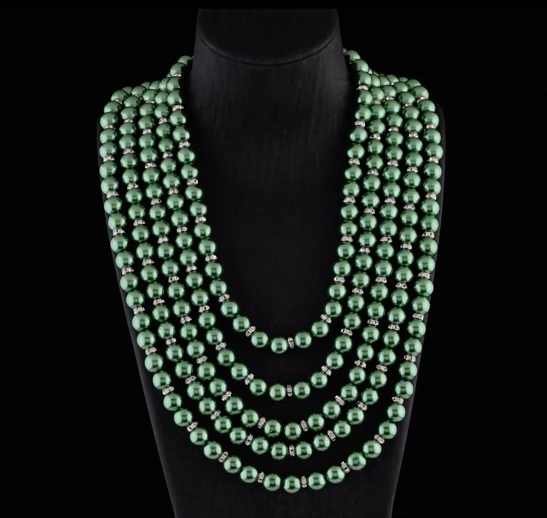 5 Strand Green Pearl and Crystal Silver Adjustable Necklace 20.522.5