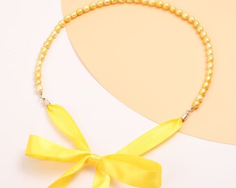 Golden Freshwater Pearl Necklace: Yellow Ribbon Tie, Adjustable 26&quot;
