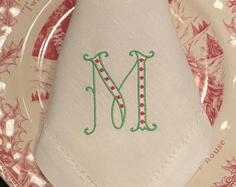 Monogrammed napkins Personalized napkins monogram Embroidered Cotton and Linen Dinner Napkins in Hamilton Christmas Monogram Style