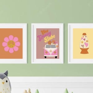 One Groovy Babe printable wall art, baby nursery, kids room, birthday decor, retro vw van, hippie style, 60&#39;s, digital download, peace sign