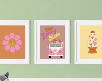 One Groovy Babe printable wall art, baby nursery, kids room, birthday decor, retro vw van, hippie style, 60's, digital download, peace sign