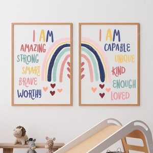 Kids Positive Affirmations Rainbow, print, inspirational, nursery decor, I am kind, smart, loved, printable wall art, room, instant download