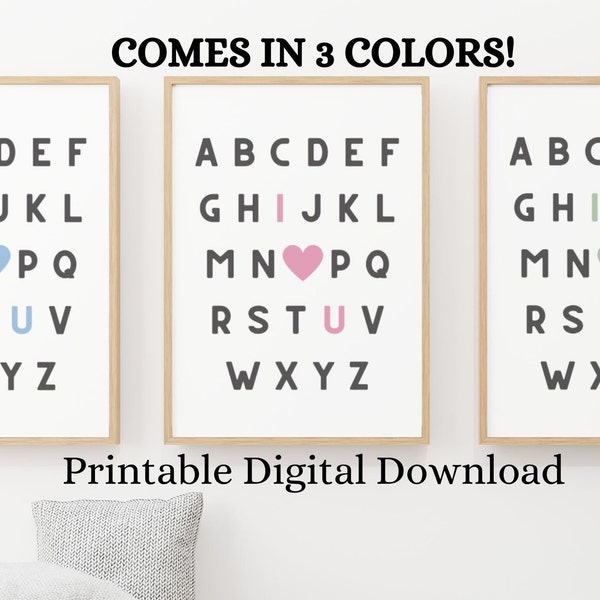 Alphabet I Love You 3 color choices ABC's  I heart you baby kids room decor printable wall art school room educational poster learning gift