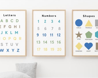 Montessori Learning printable Posters Neutral colors Digital Download Alphabet Numbers Months Shapes Homeschool posters learning for baby