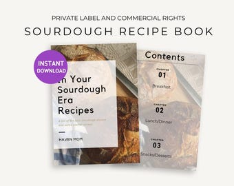 May include: A digital download for a sourdough recipe book with the title "In Your Sourdough Era Recipes". The cover features a close-up of a loaf of sourdough bread and the text "Contents" with chapter titles for Breakfast, Lunch/Dinner, and Snacks/Desserts.