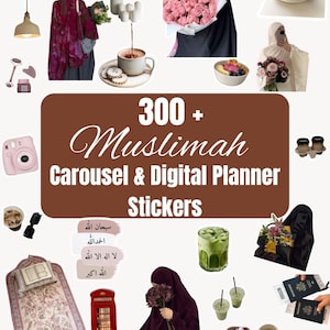 Op de afbeelding: Een collage met diverse items, waaronder bloemen, koffie en een camera, met de tekst "300+ Muslimah Carousel & Digital Planner Stickers." De afbeelding heeft een zachte, vrouwelijke uitstraling, met Arabische tekst.
