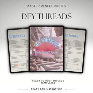 May include: A digital product mockup showing three tablet screens with the text "DFY THREADS" and "Ready to post Threads". The screens display different sections of a digital product, including "Strategy", "National", and "Ready to post Threads Templates".