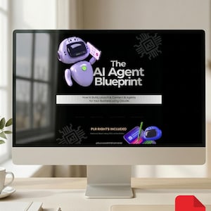 Może przedstawiać: Ekran komputera wyświetla "The AI Agent Blueprint", przewodnik po budowaniu i łączeniu agentów AI dla biznesu. Grafika zawiera fioletowego robota i telefon. Ikona PDF jest widoczna w prawym dolnym rogu.