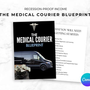 May include: A black and white graphic with the text "RECESSION-PROOF INCOME" and "THE MEDICAL COURIER BLUEPRINT". The image features a black van, a stack of money, and a list of items needed to get started.