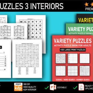 May include: A set of three printable activity puzzle books for adults. Each book features a variety of puzzles, including Sudoku, word searches, number searches, and mazes. The books are designed with large print for easy reading. The cover of each book features a different color and design. The books are titled "Variety Puzzles Activity Puzzle Book for Adults".