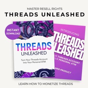 以下が含まれることがあります： 「Threads Unleashed」と「Introducing Threads Unleashed」というテキストが書かれたピンクとパープルのデジタル製品のモックアップが2つあります。 「Turn Your Threads Account Into Your Personal ATM」というテキストも含まれています。 「MRR Product」というテキストは、右側のモックアップの下部にあります。 「Instant Download」というテキストは、画像の左上にある紫色の円の中にあります。