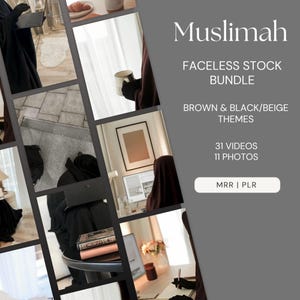 Op de afbeelding: Een digitaal productpakket voor het maken van content met een vrouw die een hijab draagt. Het pakket bevat 31 video's en 11 foto's in bruine en zwart/beige kleurenthema's. De tekst "Muslimah Faceless Stock Bundle" wordt bovenaan de afbeelding weergegeven. De tekst "Brown & Black/Beige Themes" wordt onder de pakketnaam weergegeven. De tekst "31 Videos 11 Photos" wordt onder de thema's weergegeven. De tekst "MRR | PLR" wordt in een knop onderaan de afbeelding weergegeven.