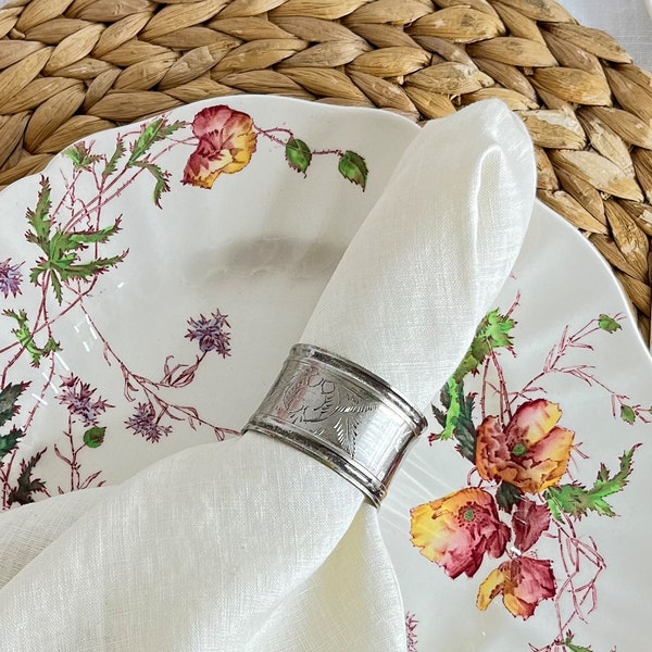 Silver Plated Napkin Rings Set of 6 | Flower Engraved | Victorian Style | EP Copper | Made in India | Tarnished Patina