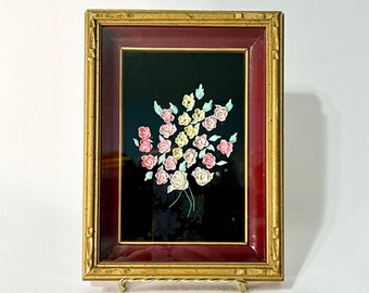 Vintage Framed Seashell Art | 3D Flower Bouquet | Collage Shadowbox | Ready to Hang | Gold & Maroon Frame | Back Velvet Background