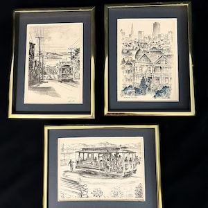 Conjunto de ilustraciones en blanco y negro de San Francisco / Lámina artística de Alec Stern / San Francisco antiguo y nuevo / Marco dorado