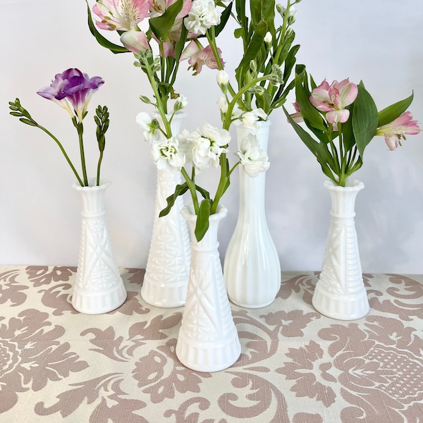 Milk Glass Lot of 5 Vases | Mismatched Set | Small & Large | Wedding Centrepiece Decor | Spring Flowers | Classic White