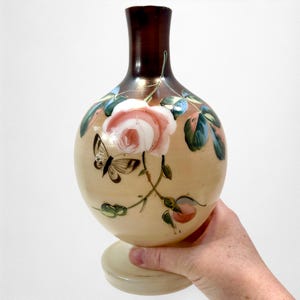 Antique Victorian Bristol Glass Vase with Hand Painted Pink Rose and Butterfly | Brown Ombre Mantle Vase | Large 9&quot;  Spring Botanical Vase