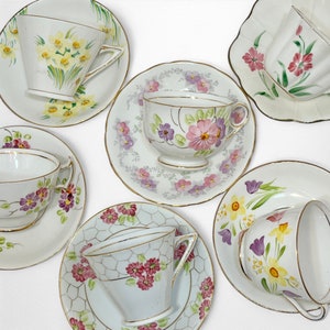 Set of 6 Hand Painted Mismatched Tea Cups and Saucers | Vintage Teacups | Tea Party Set |  Flowers with Gold Trim | Fine China Tea Set
