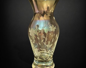 Clear Iridescent Bud Vase with Etched Flowers | Small Glass Vase with Engraved Fuchsia Bloom Pattern