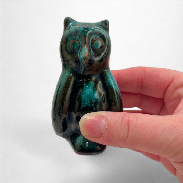 Small Blue Mountain Pottery Owl Figurine | Perched Owl Bird | Green Blue Drip Glaze | Mid Century Decor | Made in Canada Pottery