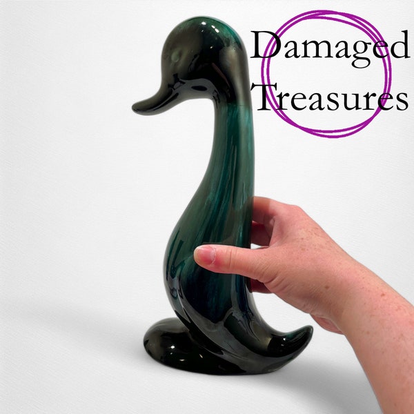 Large Blue Mountain Pottery Duck Statue | DAMAGED | Goose Figurine | Green Blue Drip Glaze | Mid Century Decor | Made in Canada Pottery