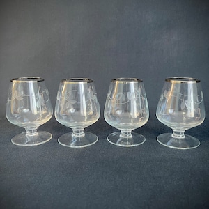 Vintage Mini Brandy Glass with Etched Leaves | Set of 4 | Cognac Snifter | Balloon Stemware |