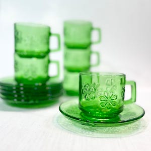Set of 6 Green Glass Coffee Cups and Saucers | Vereco France | Housewarming Present | Sustainable Gift | Vintage French Glass Teacups