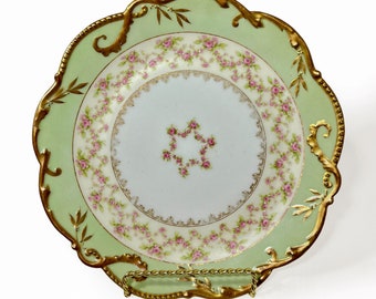 Antique Limoges Coronet Plate | George Borgfeldt Cabinet Plate | Mint Green, Gold Scrolls and Roses | Fine French Porcelain