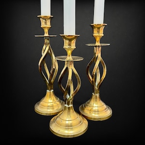 Set of 3 Vintage Brass Candlestick Holder | Tapered Candle Holder with Swirl Base | Graduated Height Barley Twist Candlestick Set
