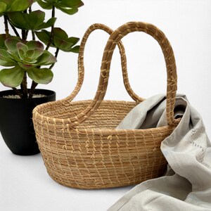 Vintage Woven Basket with Two Handles | Small Straw Shopping Basket | Garden Harvest Basket | Rustic Oval Basket