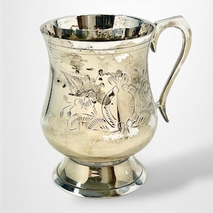 Vintage Silver Plated Engraved Floral Cup with Handle | Ornate Tankard Beer Stein | Hand Engraving Flower Shield
