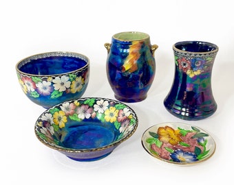 CHOICE Vintage Maling Pottery Small Items | Trinket Tray | Handpainted Lustreware Bowl | Iridescent Vase | Art Deco Spongeware