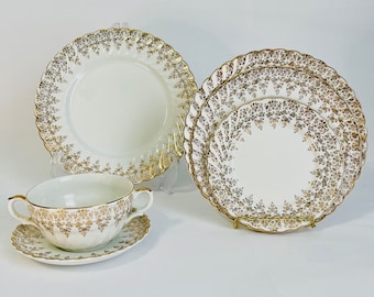 CHOICE Hand Painted Vintage Open Stock Dinnerware | Old Foley James Kent | Staffordshire China | Gold Chintz Filigree | Plates & Broth Cups