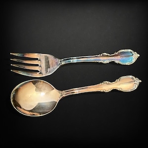 Vintage Silver Plated Baby Fork and Spoon Set | 1894 Rogers Bros. IS Reflection Pattern with Decorative Scroll Handle | Flatware Cutlery Set