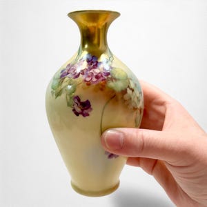 True Antique Hand Painted MZ Austria Vase with Purple Violets | Cream Yellow Small Vase with Purple Flowers and Gold Trim